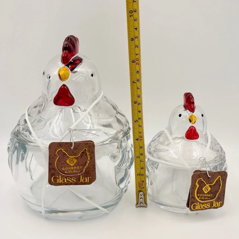 Gourmet Kitchen Glass Chicken Jar Set of 2 Clear Hen Canisters Farmhouse Decor